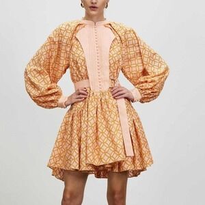 NWT Roiii Puff Balloon sleeve belted swing dress Peach Orange Womens Medium